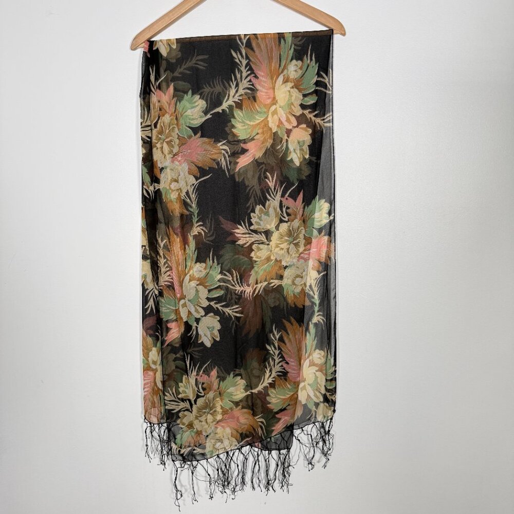 Vintage 90s Maxi Dress Floral Black Beaded Matching Scarf Fairy Feminine M - Picture 12 of 16